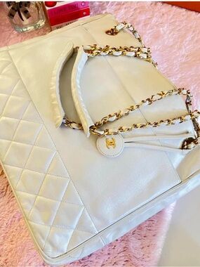 CHANEL Cream Quilted Leather Tote with Gold Chain Trim